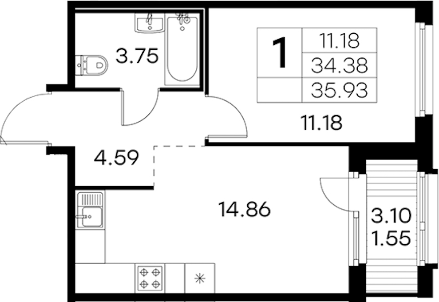1-комнатная квартира 35.93 м², 2/15 эт., ЖК «GloraX Парголово»